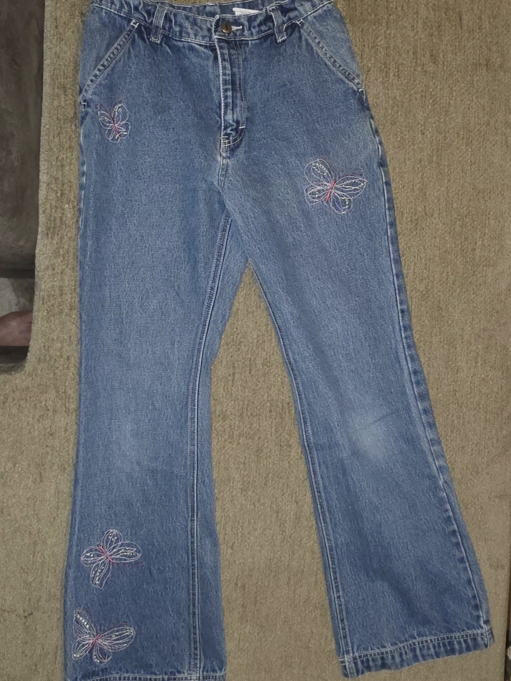 Jordache Blue Denim Flare Jeans with Embroidered Butterflies Girls Size 14